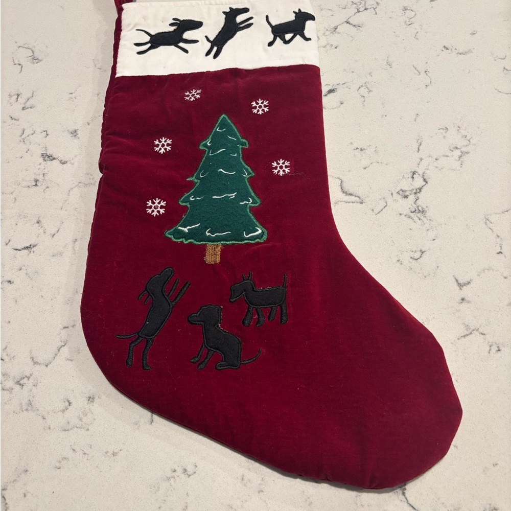 Charming Holiday Stocking with Tree and Dog Design
